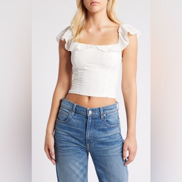 All In Favor White Organza Floral Embroidered Ruffle Sleeve Top Size XL NWT - Picture 2 of 5